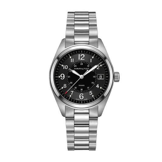 The Hamilton Khaki Field Quartz 40mm Watch features a sophisticated silver metal bracelet and a stylish black dial, highlighted by white Arabic numerals and elegant silver hands. A practical date window sits at the 3 o'clock position, enhancing its functionality. The polished stainless steel case further amplifies its refined appeal.