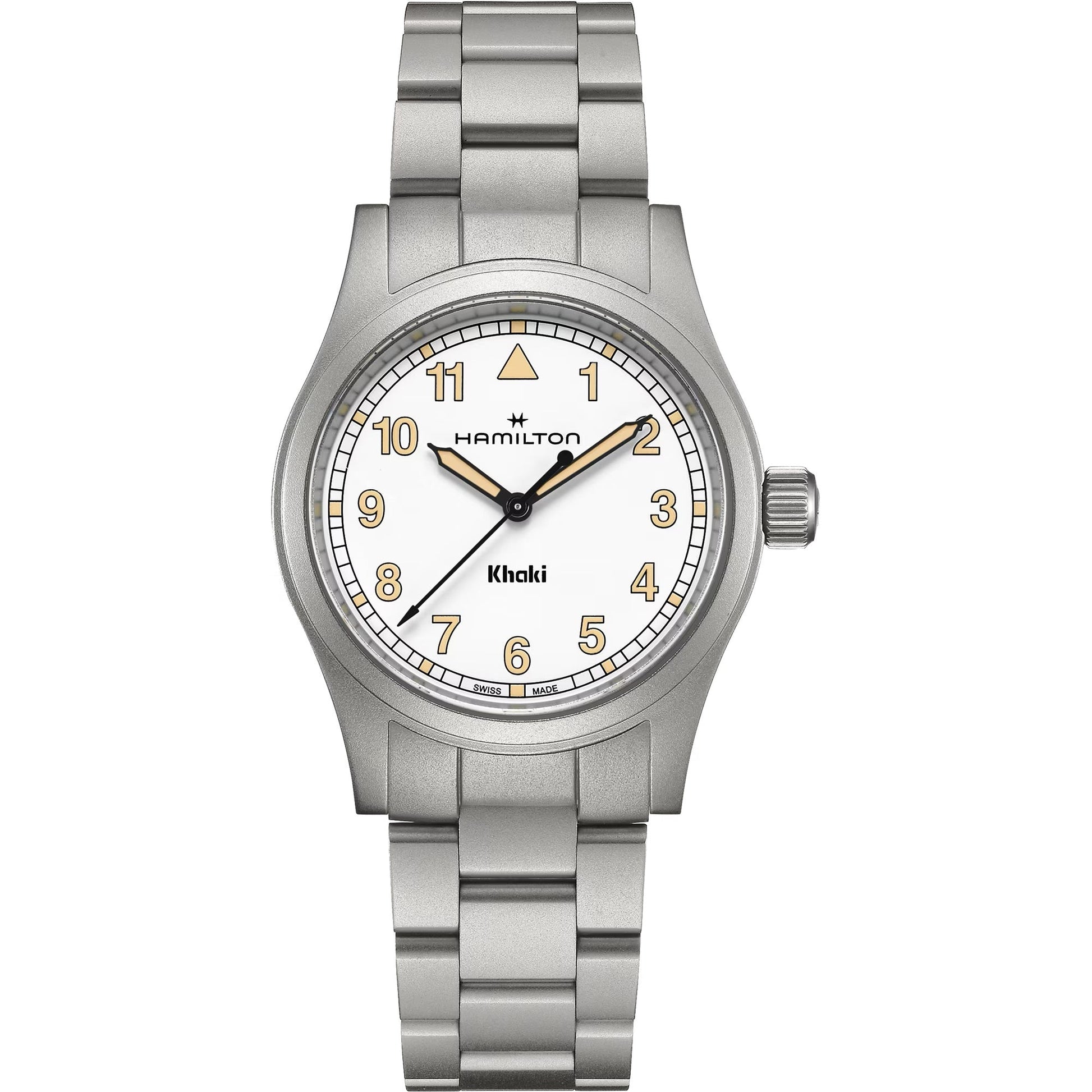 The Hamilton Watch Khaki Field Quartz 38mm features a stainless steel case, white dial with gold Arabic numerals, black hands, silver metal link bracelet, and displays the Hamilton logo plus bold "Khaki" text.