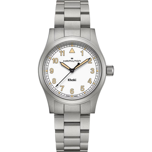 The Hamilton Watch Khaki Field Quartz 38mm features a stainless steel case, white dial with gold Arabic numerals, black hands, silver metal link bracelet, and displays the Hamilton logo plus bold "Khaki" text.