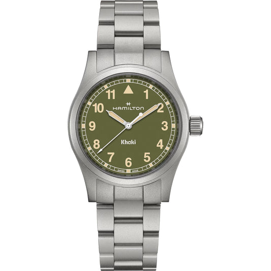 The Hamilton Khaki Field Quartz 38mm Watch by Hamilton Watch features a silver case, green dial with yellow numerals, three hands, and a silver bracelet—delivering military-inspired style and adventure-ready reliability.