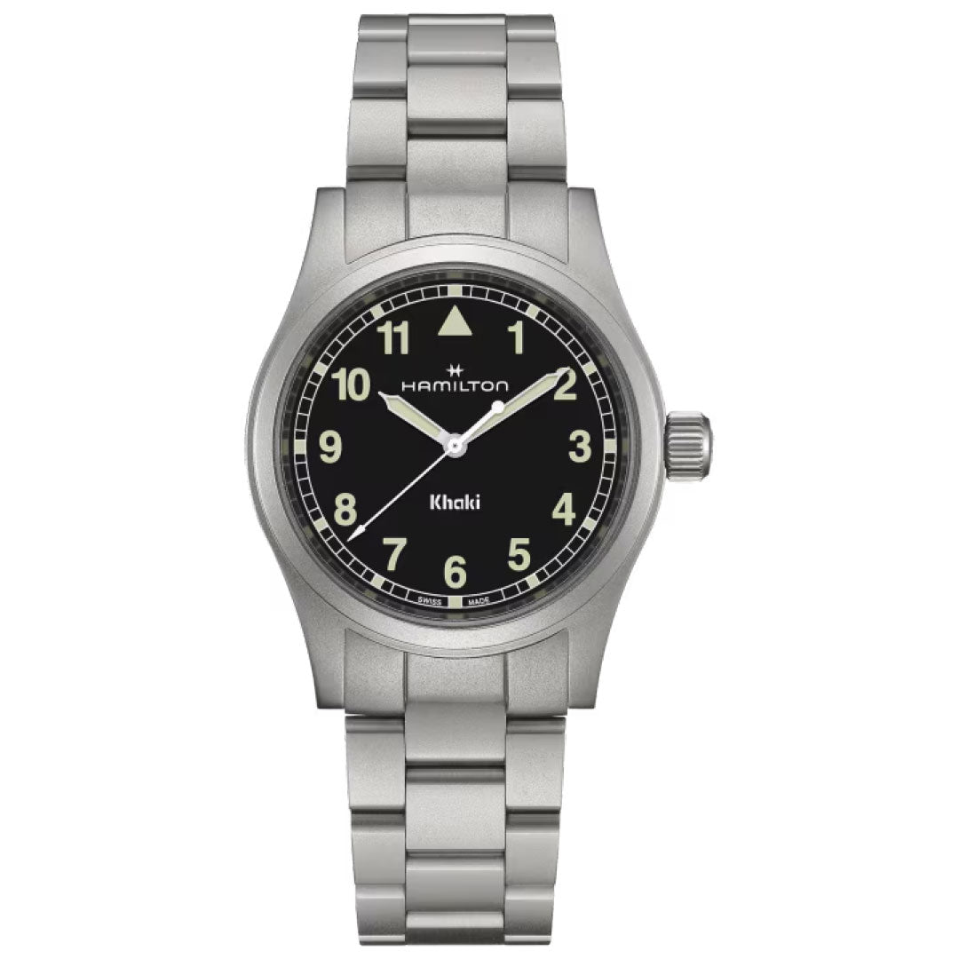 The Hamilton Khaki Field Quartz 38mm Watch by Hamilton Watch features a stainless steel case, black dial with white Arabic numerals, luminous hands, and a metal link bracelet for a classic, timeless look.