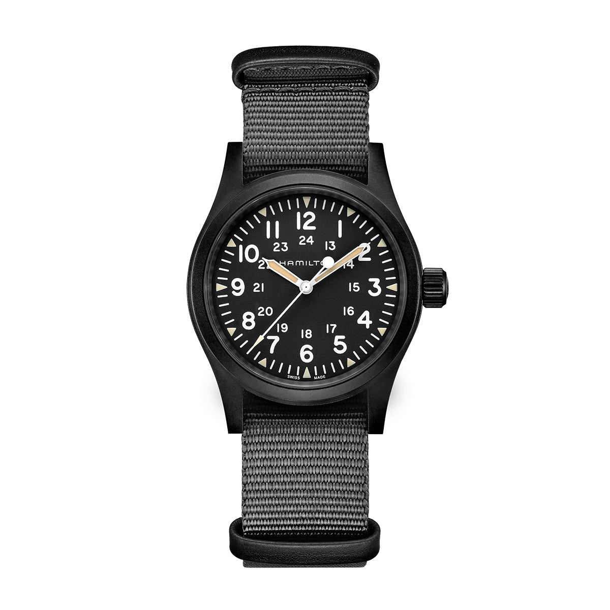 The Hamilton Khaki Field Mechanical 38mm Watch by Hamilton Watch comes with a dark gray fabric NATO strap. It showcases a black watch face with white Arabic numerals for both 12 and 24-hour formats, along with white hour, minute, and seconds hands. A black bezel and case enhance its timeless design.