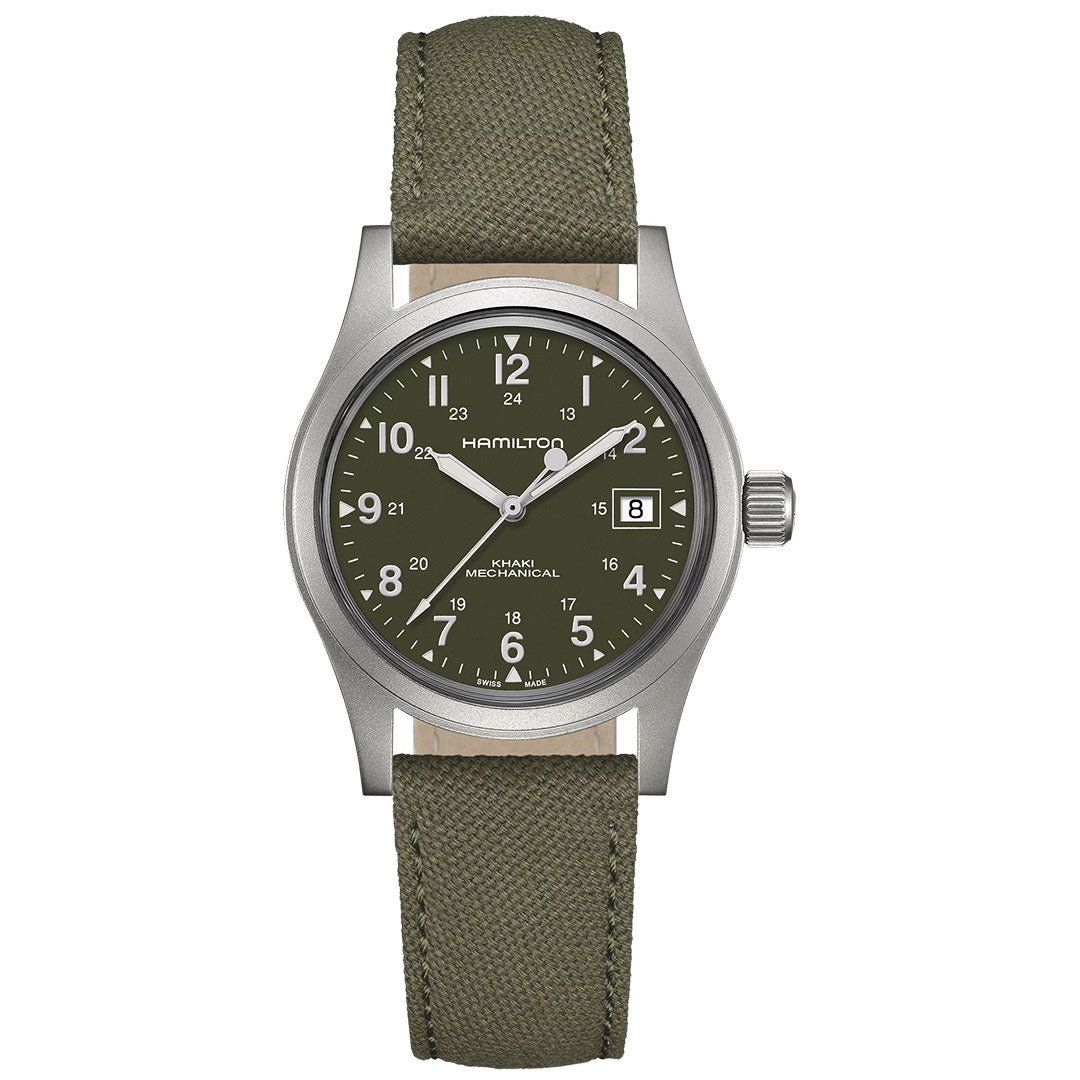 Inspired by the Khaki Field Officer Handwinding design, the Hamilton Khaki Field Mechanical 38mm Watch by Hamilton Watch showcases an olive green dial with crisp white numerals, a date display at 3 o’clock, and a sleek silver case. Its matching green fabric strap and bold white hour, minute, and seconds hands ensure excellent legibility and rugged style.