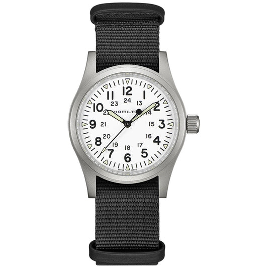 The Hamilton Khaki Field Mechanical 38mm Watch by Hamilton Watch features a silver case, white dial with black markers and hands, black NATO strap, and an inner 24-hour clock, inspired by military heritage.