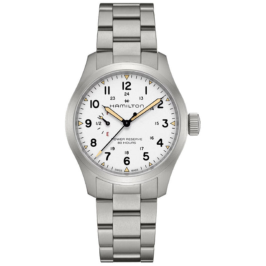 The Hamilton Khaki Field Mechanical Power Reserve 40mm Watch by Hamilton Watch features a stainless steel case, white dial with black numerals, orange-tipped second hand, silver metal bracelet, 80-hour power reserve, and displays hours, minutes, and seconds.