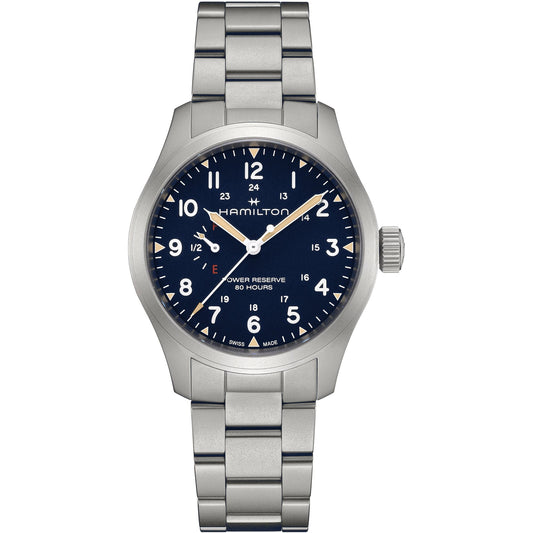 The Hamilton Khaki Field Mechanical 40mm Watch by Hamilton Watch features a stainless steel case, metal link band, black dial with white Arabic numerals, 80-hour power reserve, and the "Hamilton" logo below 12 o’clock.