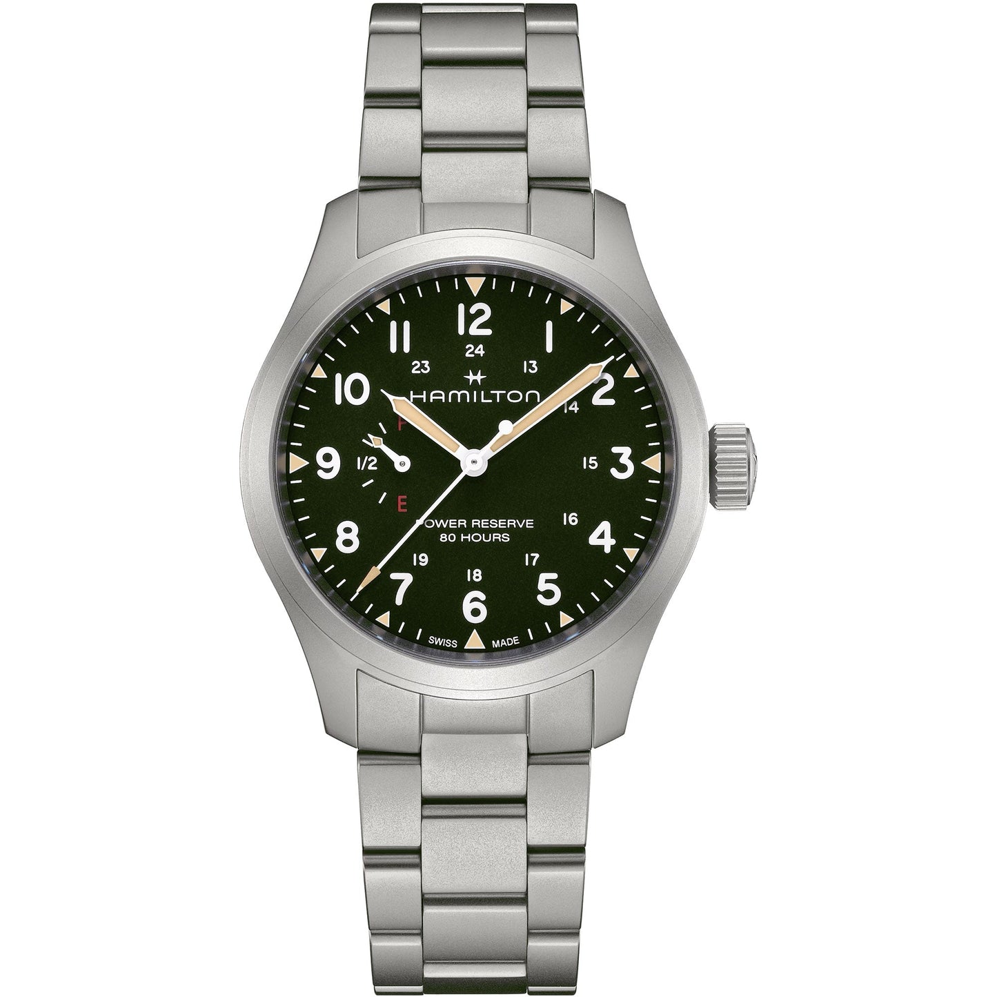 The Hamilton Khaki Field Mechanical 40mm by Hamilton Watch features a stainless steel case, green dial, silver hour markers, date window, manual-winding movement with 12/24-hour display, and an 80-hour power reserve.