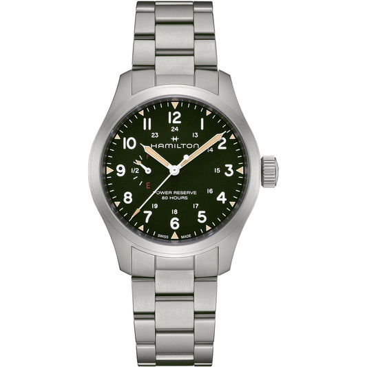 The Hamilton Khaki Field Mechanical 40mm by Hamilton Watch features a stainless steel case, green dial, silver hour markers, date window, manual-winding movement with 12/24-hour display, and an 80-hour power reserve.