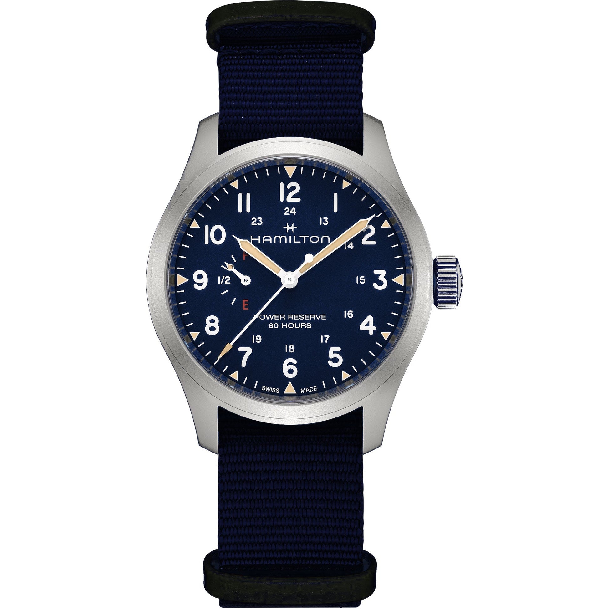 The Hamilton Watch Khaki Field Mechanical 40mm features a dark blue dial with white numerals (1–12, 13–24), navy fabric strap, silver bezel, manual winding, and an 80-hour power reserve for military-inspired precision.