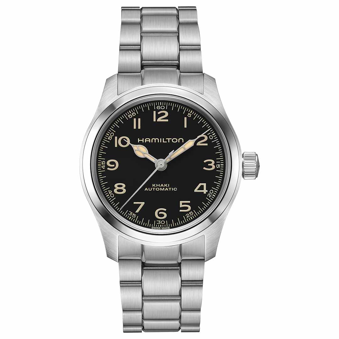 The Hamilton Khaki Field Murph Automatic 38mm Watch from Hamilton Watch features a vintage design with a stainless steel strap. It has a black dial adorned with luminous Arabic numerals and hands, along with a date display at the 3 o'clock position, offering classic elegance.