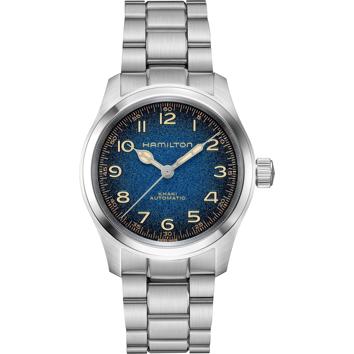 A silver Hamilton Khaki Field Murph Auto 38mm watch by Hamilton Watch, featuring a metal link band, an eye-catching blue-to-black textured dial with yellow numerals and hands, automatic calibre movement, and “Hamilton Khaki Automatic” text on the face.