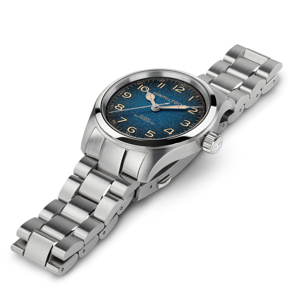 The Hamilton Khaki Field Murph Auto 38mm Watch by Hamilton Watch features an automatic movement, a stainless steel case, a distinctive blue-to-black dial with yellow numerals and silver hands, and is displayed at an angle on a metal link bracelet.