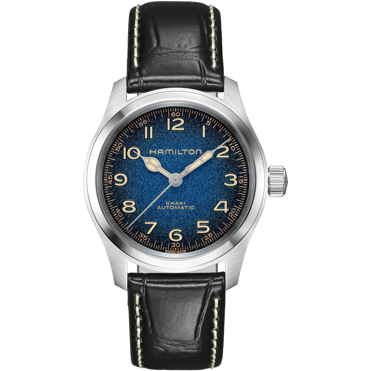 Introducing the Hamilton Khaki Field Murph Auto 38mm Watch by Hamilton Watch, featuring a blue-to-black textured dial, a silver case, gold numerals, and a black leather strap with white stitching. The silver watch hands and the Hamilton Watch brand name displayed below 12 o’clock highlight its refined design. Powered by an automatic calibre, this timepiece offers classic style paired with dependable performance.