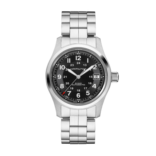 The Hamilton Khaki Field Auto 38mm Watch by Hamilton Watch showcases a military-inspired design with its stainless steel band and black dial, featuring white Arabic numerals. This timepiece offers an 80-hour power reserve and includes a date window at the 3 o'clock position, complemented by large white hands and a red-tipped second hand.