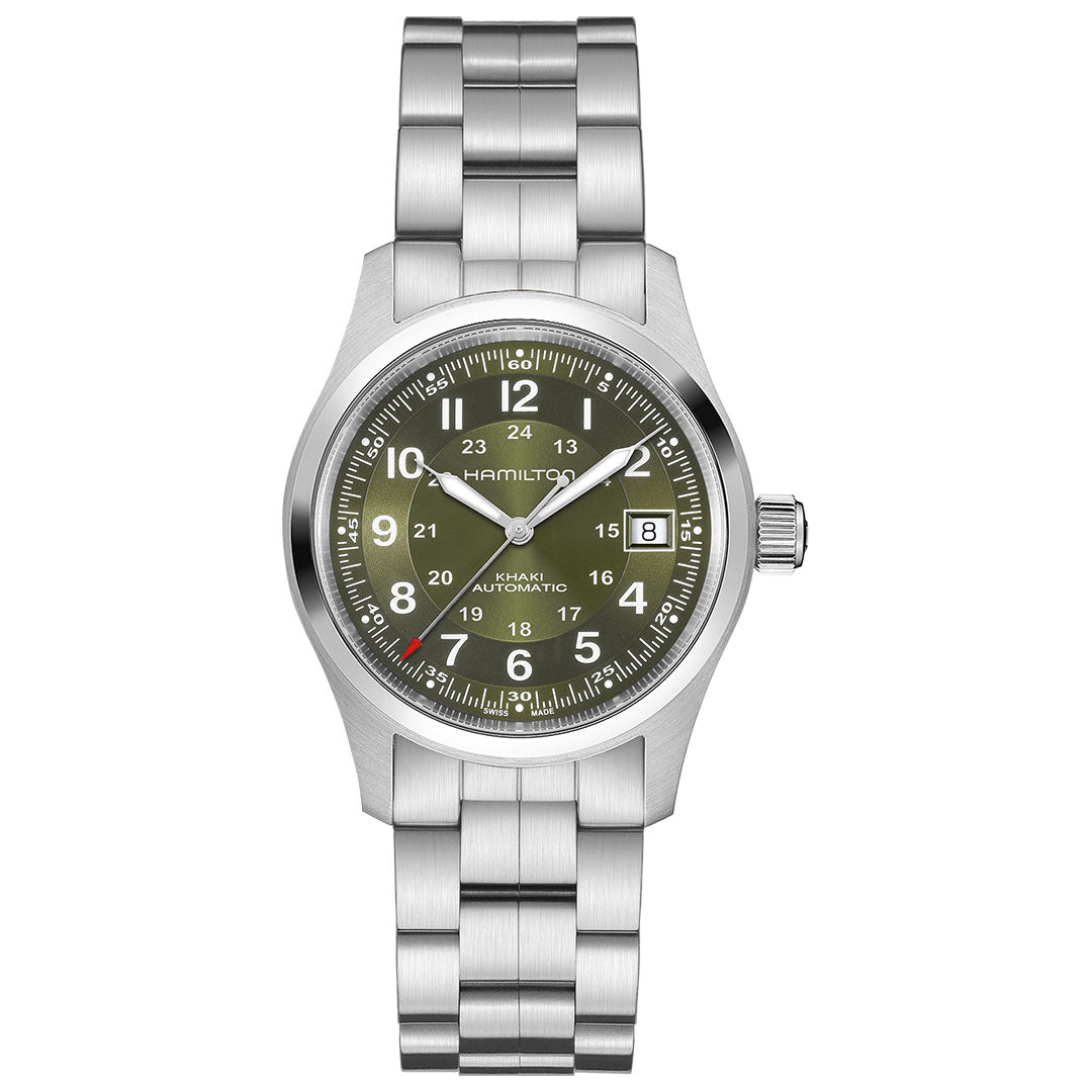 The Hamilton Khaki Field Auto 38mm Watch by Hamilton Watch features a green dial with silver hour markers, a date window at 3 o'clock, 12/24-hour markings, a stainless steel case, and a metal link bracelet inspired by military heritage.