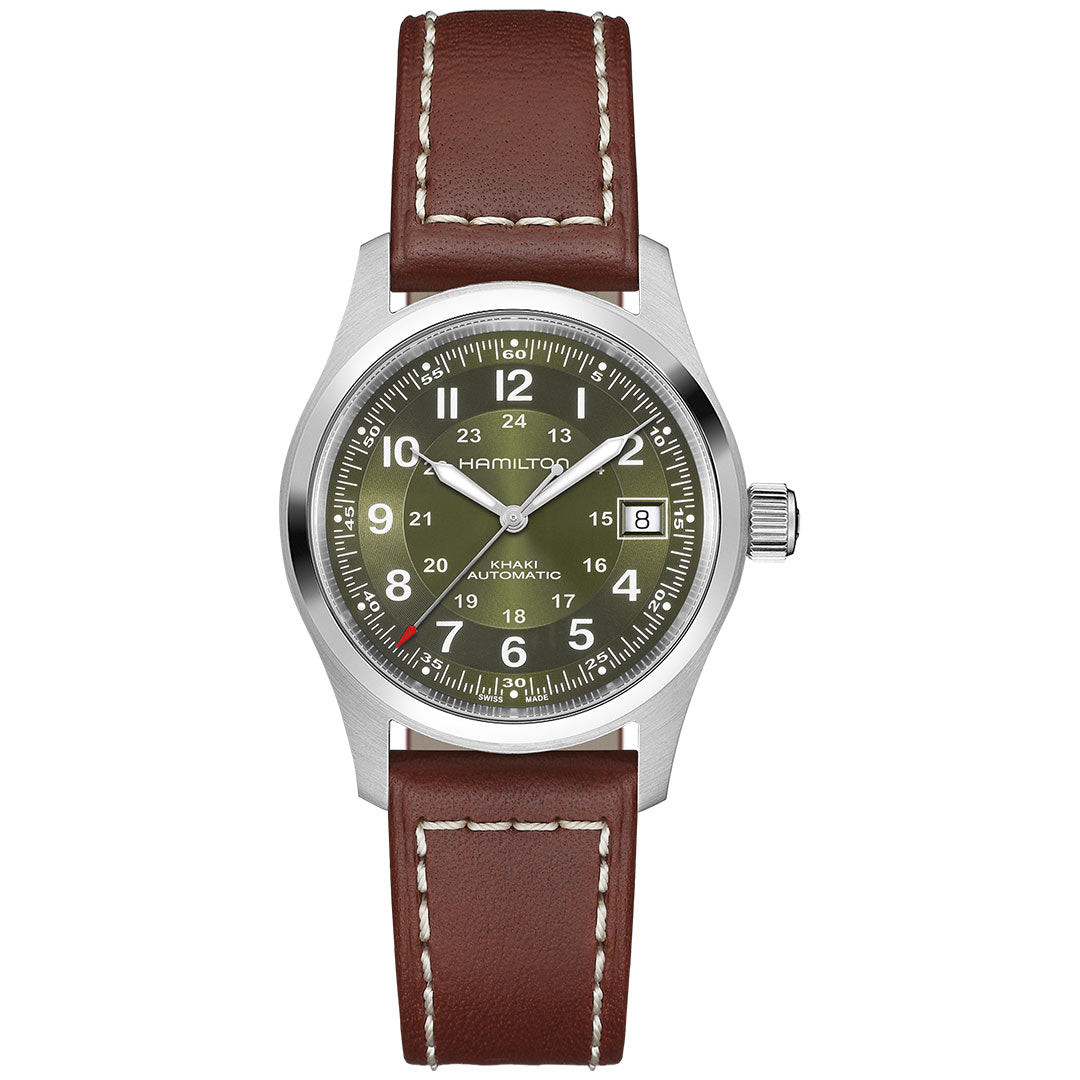 The Hamilton Khaki Field Auto 38mm Watch by Hamilton Watch features an olive green dial with white numerals, a date window at 3 o’clock, brown leather strap with white stitching, stainless steel case, and 80-hour power reserve.