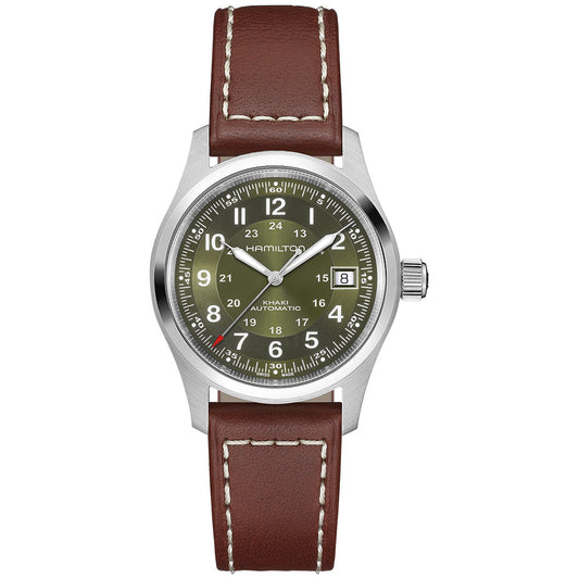 The Hamilton Khaki Field Auto 38mm Watch by Hamilton Watch features an olive green dial with white numerals, a date window at 3 o’clock, brown leather strap with white stitching, stainless steel case, and 80-hour power reserve.