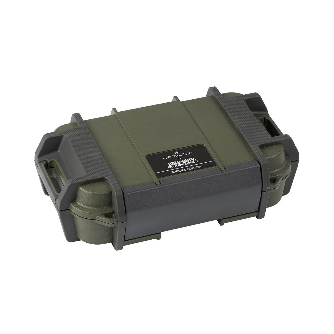 A durable olive green and black Hamilton Watch case with reinforced edges, handle, and "Hamilton Khaki Navy Special Edition" label—perfect for storing your Hamilton Khaki Field Auto 38mm Watch Call of Duty.