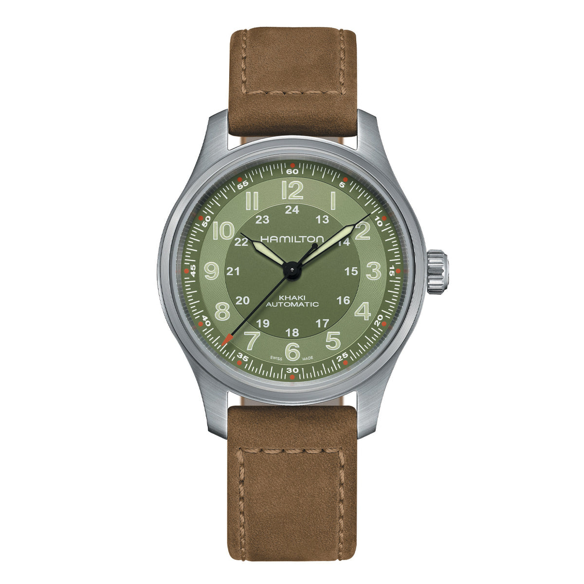 The Hamilton Khaki Field Titanium Auto 42mm Watch showcases a vibrant green dial adorned with bold white numerals and a small triangle marking the 12 o'clock position. It is elegantly encased in sleek silver, complemented by black hour and minute hands. Featuring an impressive 80-hour power reserve, the watch comes with a brown leather strap emblazoned with the "Hamilton" brand name.