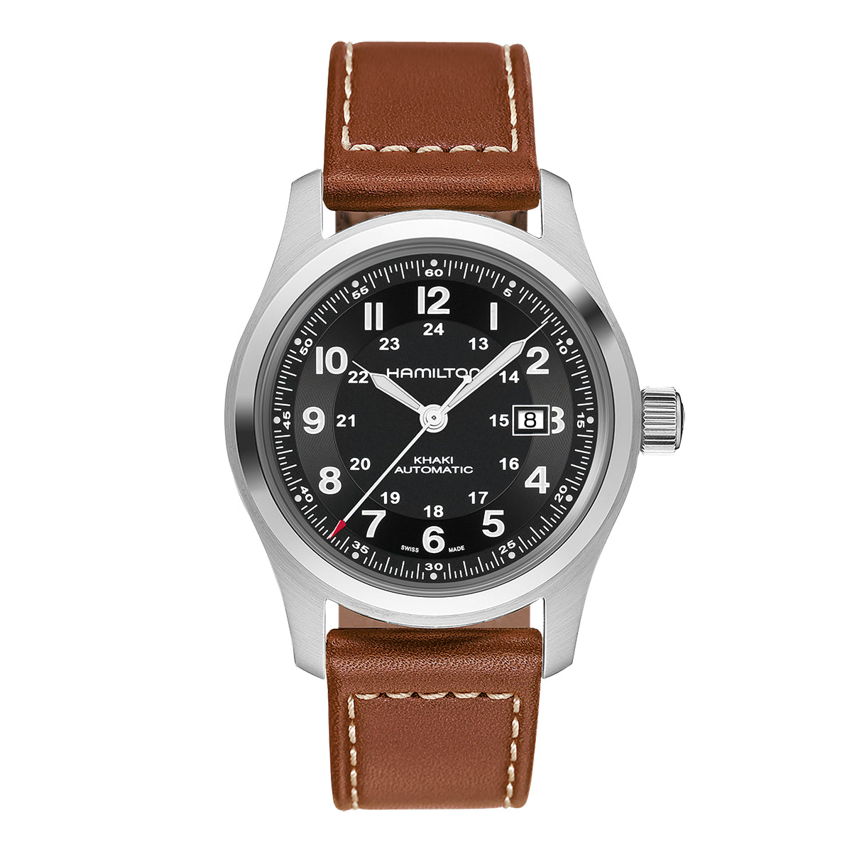 The Hamilton Khaki Field Auto 42mm Watch by Hamilton Watch showcases a brown leather strap and features a black dial with white Arabic numerals, complemented by a date display at the 3 o'clock position. This timepiece is powered by the H-10 automatic caliber, providing an exceptional 80-hour power reserve within its elegant silver-toned case.