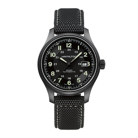 The Hamilton Khaki Field Titanium Auto 42mm Watch showcases a sleek black design with a textured strap and sapphire crystal, featuring a round face adorned with white numerals. It includes a date display at the 3 o'clock position, luminous hands, and an impressive power reserve of up to 80 hours. The Hamilton Watch brand name is prominently displayed beneath the 12 o'clock position.