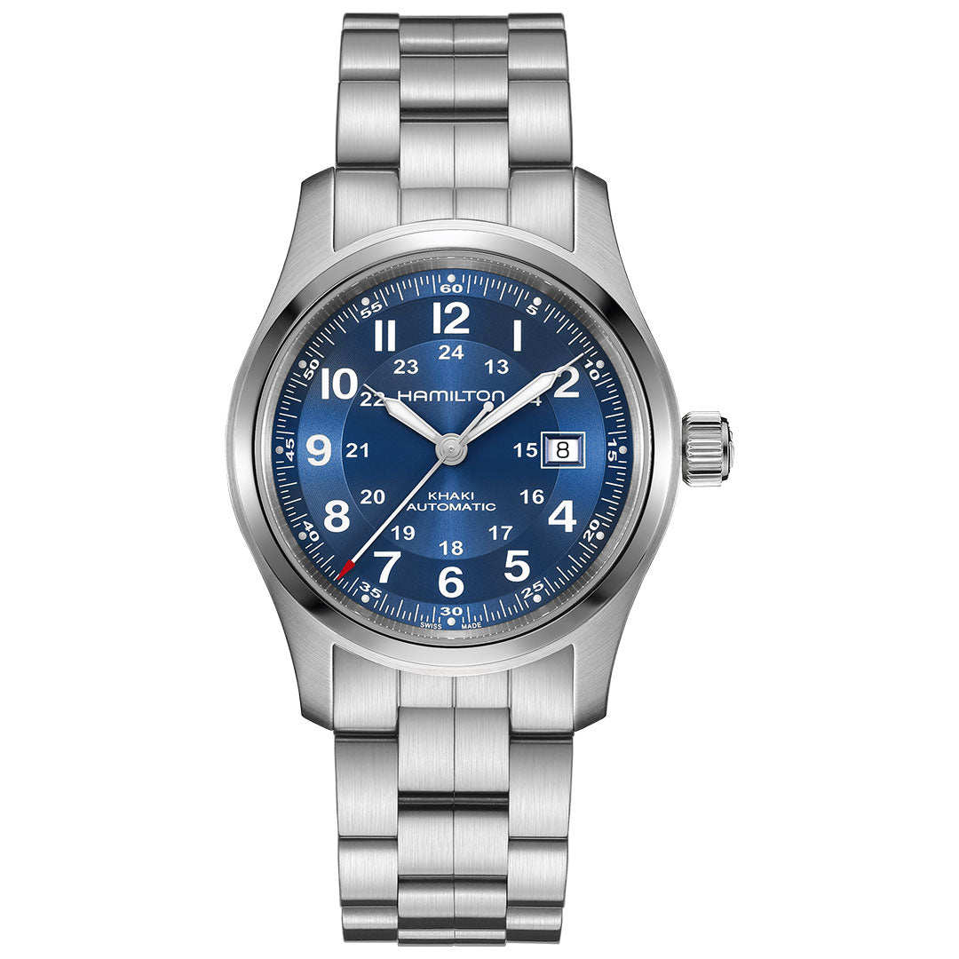 The Hamilton Khaki Field Auto 42mm Watch by Hamilton Watch features a stainless steel case, blue dial with white Arabic numerals, silver hands, date window at 3 o'clock, and a metal link bracelet, shown front-facing on a white background.