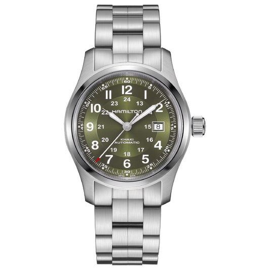 The Hamilton Khaki Field Auto 42mm by Hamilton Watch features a silver stainless steel case, green dial, white Arabic numerals, and date at 3 o'clock. "Hamilton" and "Khaki Field Automatic" on the dial mark its automatic movement.