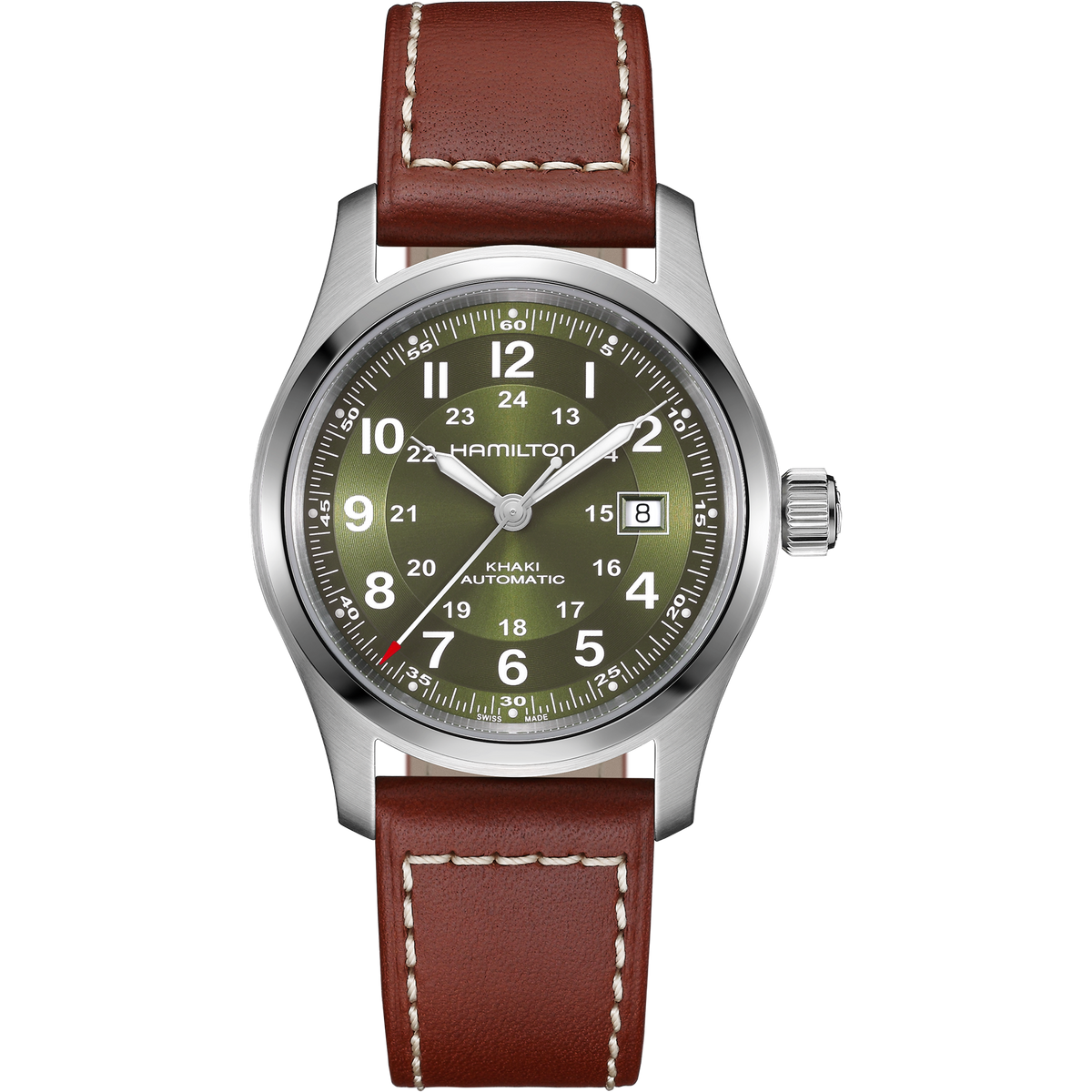 The Hamilton Watch Khaki Field Auto 42mm is a military-inspired timepiece featuring a bold green dial with white numerals, date display at 3 o’clock, silver case, and a brown leather strap accented with white stitching; it runs on an automatic calibre for dependable performance.