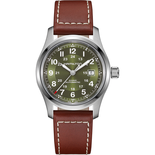 The Hamilton Watch Khaki Field Auto 42mm is a military-inspired timepiece featuring a bold green dial with white numerals, date display at 3 o’clock, silver case, and a brown leather strap accented with white stitching; it runs on an automatic calibre for dependable performance.