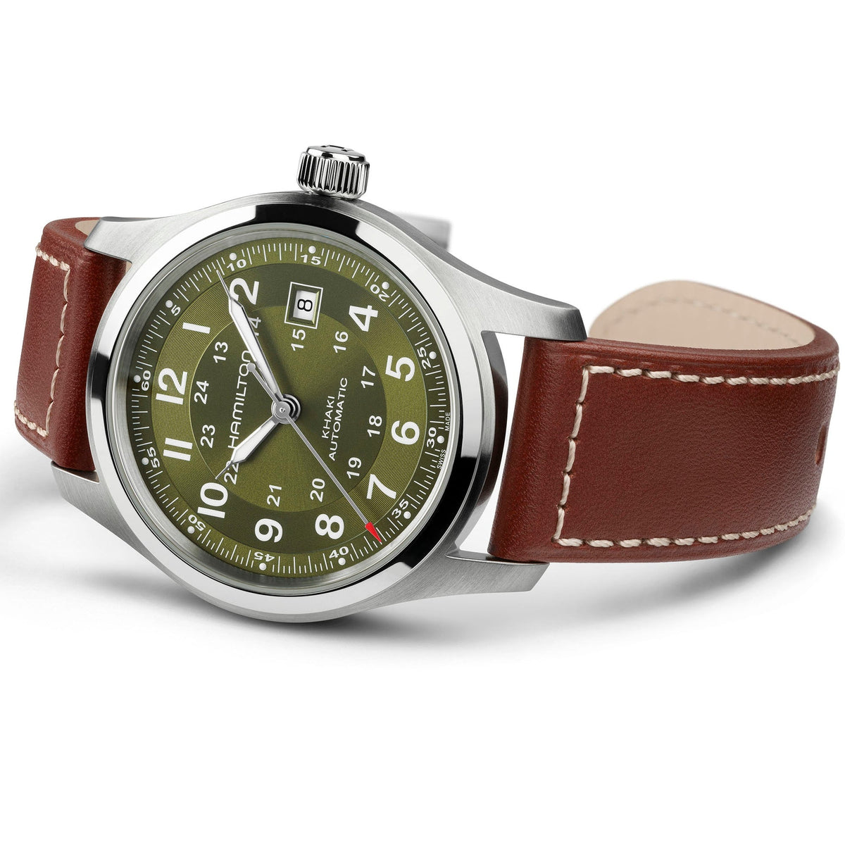 The Hamilton Khaki Field Auto 42mm Watch by Hamilton Watch is shown at an angle, featuring a green dial with white numerals, date display, silver case, and a brown leather strap with white stitching—a classic military-inspired wristwatch powered by automatic calibre.