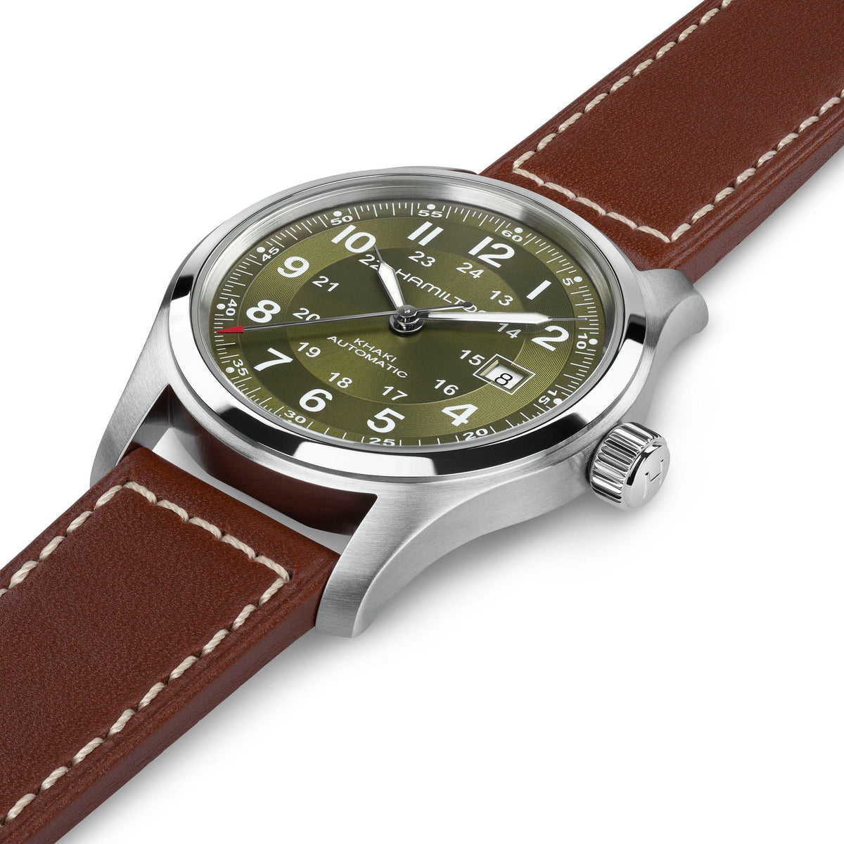 The Hamilton Khaki Field Auto 42mm Watch by Hamilton Watch features a stainless steel case, a green dial with white numerals, a date window at 3 o’clock, and a brown leather strap accented with white stitching. Shown at an angle against a white background.