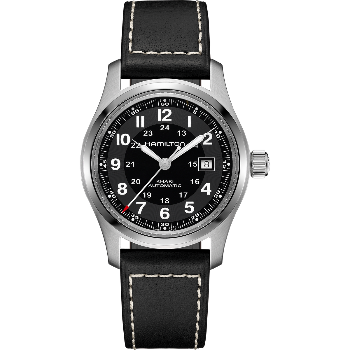 A Hamilton Watch Khaki Field Auto 42mm watch featuring a black dial with white numerals, date window, and a silver case, paired with a black leather strap accented by white stitching. Displayed front and center against a light background, this automatic timepiece from Hamilton blends classic military-inspired design with rugged durability.