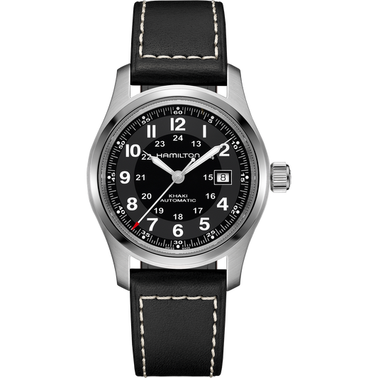 A Hamilton Watch Khaki Field Auto 42mm watch featuring a black dial with white numerals, date window, and a silver case, paired with a black leather strap accented by white stitching. Displayed front and center against a light background, this automatic timepiece from Hamilton blends classic military-inspired design with rugged durability.