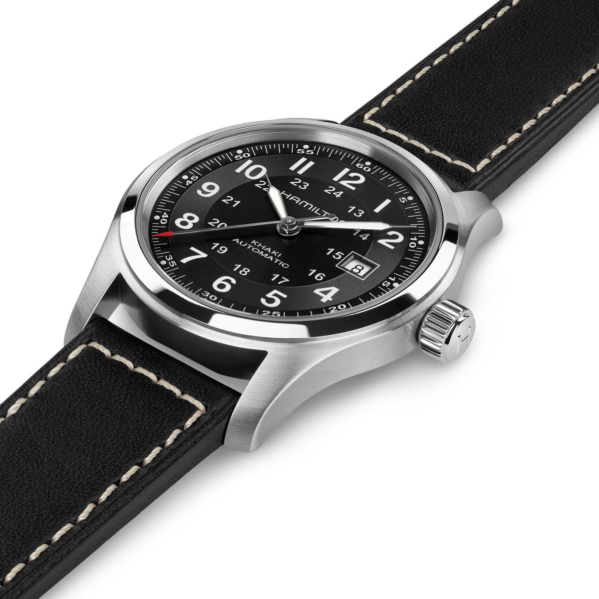 A Hamilton Khaki Field Auto 42mm Watch by Hamilton Watch is shown at an angle, featuring a stainless steel case, black dial with white numerals, date display, and a black leather strap with white stitching. This timepiece is powered by a reliable automatic calibre for precision timekeeping.