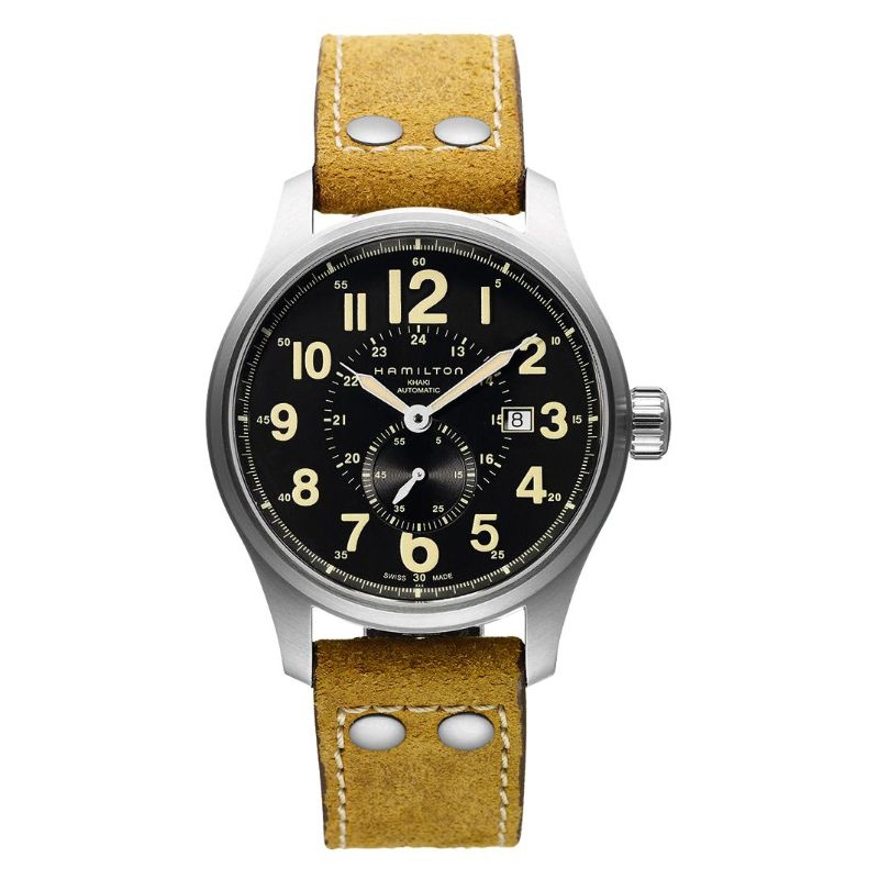 The Hamilton Watch brand presents the Khaki Field Officer Automatic 44mm Watch, which showcases a black dial with bold Arabic numerals and is paired with a tan leather strap. It features a silver-toned 44mm case that includes both a date window and a seconds subdial, along with a knurled crown on the right side.