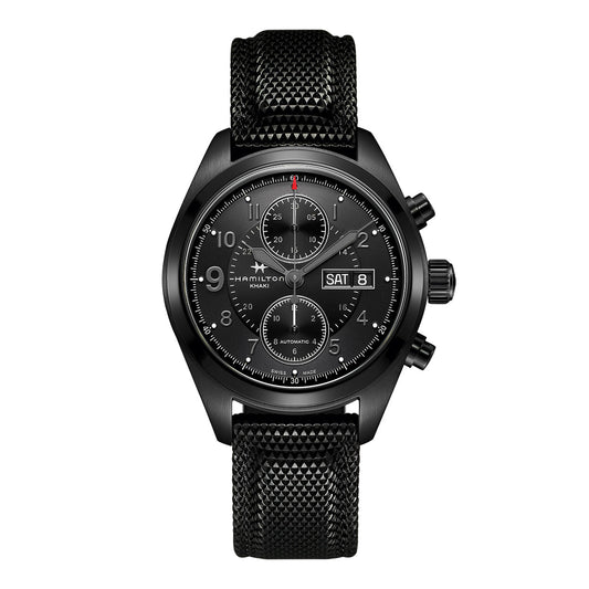 The Hamilton Khaki Field Auto Chrono 42mm Watch by Hamilton Watch is a sleek and modern black wristwatch with a textured strap and round face. It features three-hand time display, two subdials, and day-date display on the right, all powered by an automatic chronograph with H-21 movement.