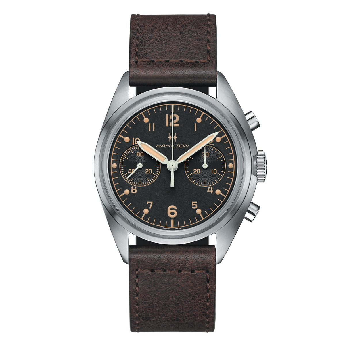 Discover the timeless style of the Hamilton Khaki Aviation Pioneer Mechanical Chrono 40mm Watch. This wristwatch features a brown leather strap and a silver case, complemented by a black face with military aviation design elements. It showcases two subdials and Arabic numerals at 12, 3, 6, and 9 o'clock. Powered by the precise H-51-Si movement, the Hamilton Watch brand is prominently displayed on the dial.