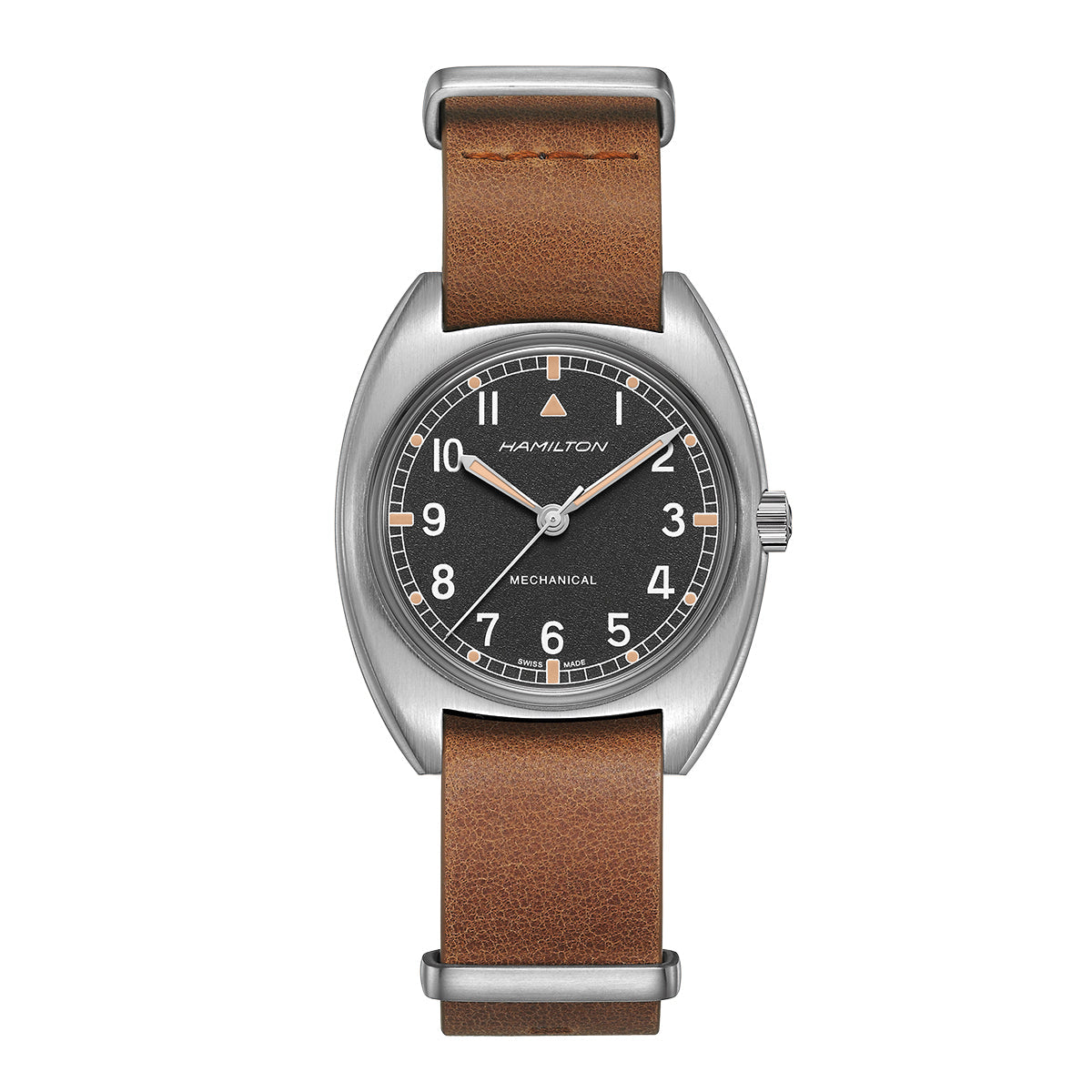 The Hamilton Khaki Aviation Pilot Pioneer Mechanical 36mm X 33mm Watch by Hamilton Watch features a brown leather strap and a silver-toned case. The black dial displays silver hour markers and white hands, along with the "Hamilton" and "Mechanical" text. Its design is timeless and minimalistic.