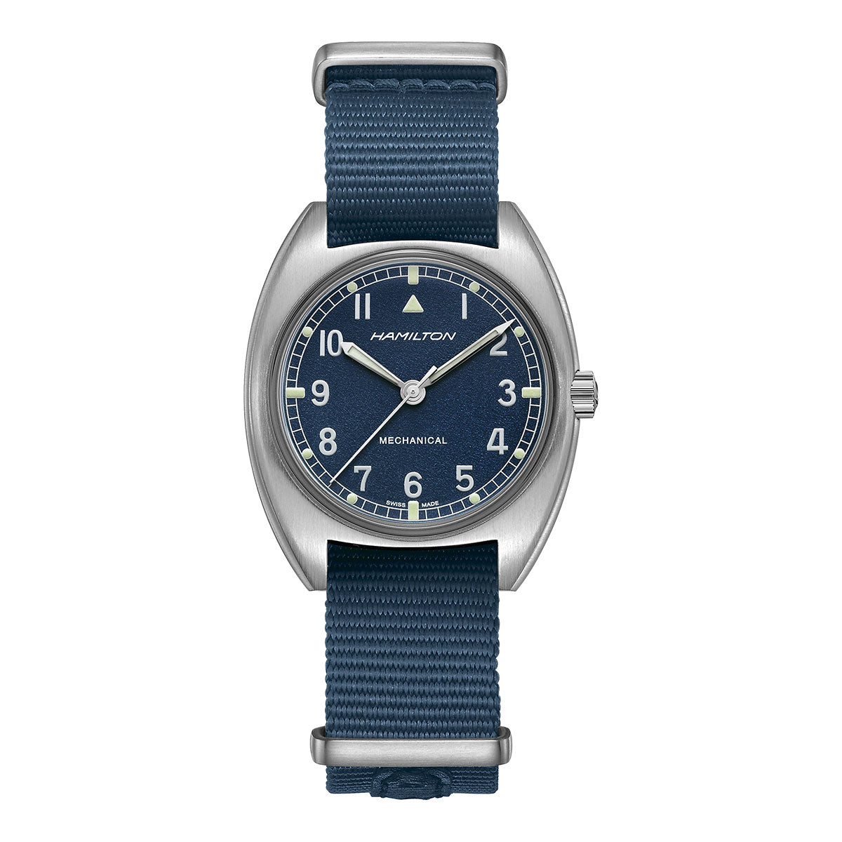 The Hamilton Watch Khaki Aviation Pilot Pioneer Mechanical 36mm X 33mm timepiece showcases a round silver case with an aviation blue dial. It includes white hour markers and hands, paired with a blue fabric strap, and is driven by the reliable H-50 caliber movement.