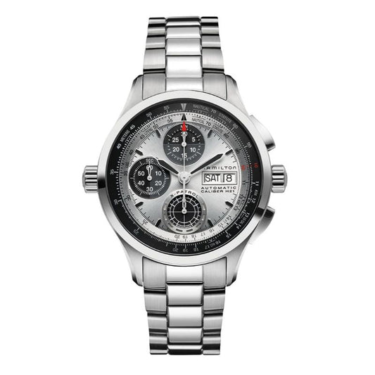 Introducing the Hamilton Khaki Aviation Khaki X-Patrol Auto Chrono 42mm Watch by Hamilton Watch. This remarkable timepiece showcases an automatic chronograph encased in a robust stainless steel structure, featuring a striking silver and black dial. It boasts three sub-dials, a date and day window positioned on the right side, and an intricate tachymeter scale surrounding the bezel. The watch is elegantly finished with a sophisticated metal link bracelet.