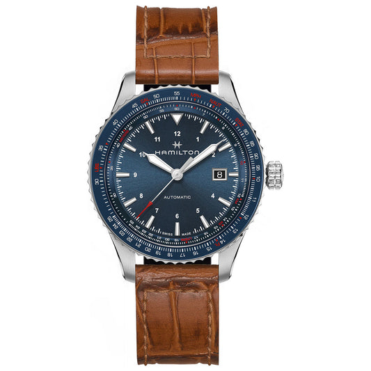 The Hamilton Khaki Aviation Converter Auto 42mm Watch features a brown leather strap and a sleek blue dial with a Nivachron balance spring, proving its durability. The silver case surrounds white hour markers and includes a date window at 3 o'clock along with multiple sub-dials. The Hamilton Watch brand name is prominently visible on the face.