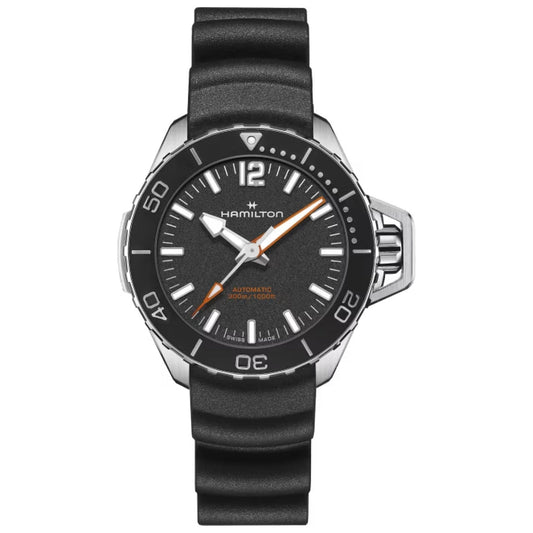 The Hamilton Khaki Navy Frogman Auto 41mm, crafted by Hamilton Watch, features a black rubber strap and a round black dial. Designed with luminous hands and markers, it includes an orange second hand, a date display, and a silver-tone rotating bezel with minute markings. This stylish timepiece seamlessly blends functionality with sleek design.