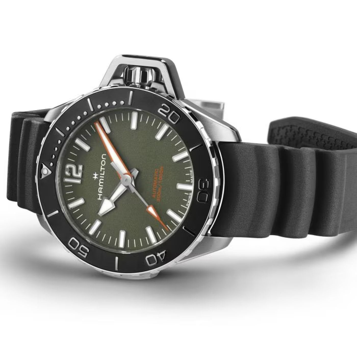 The Hamilton Khaki Navy Frogman Auto 41mm Watch by Hamilton Watch features a green dial with bold white hour markers and a black rotating bezel. The vibrant orange second hand provides a splash of color, and the sleek, modern design is finished with a black rubber strap for a sporty look.