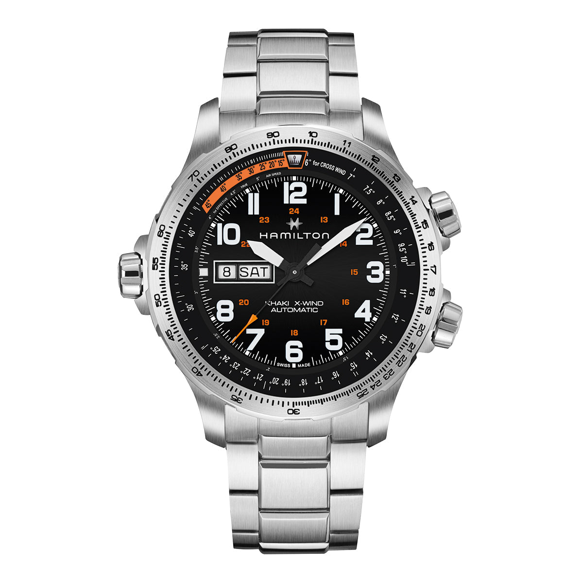 The Hamilton Khaki Aviation X-Wind Day Date Auto 45mm Watch by Hamilton Watch features a silver design with a black dial, showcasing SuperLumiNova numerals and white hands. It includes an automatic Day Date display on the right side and is complemented by a stainless steel bracelet. The bezel has additional markings, while the three side buttons are enhanced by Khaki X-Wind design elements.