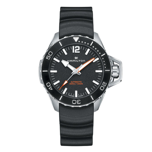 The Hamilton Watch Khaki Navy Frogman Auto 46mm is a maritime-ready timepiece with a black rubber strap and a round black dial featuring silver hour markers, white minute markers, and orange accents. It provides an 80-hour power reserve, knurled bezel, and prominent crown guard for dependable performance.