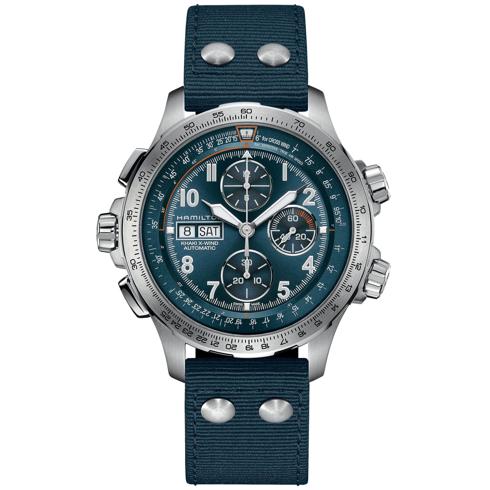 Introducing the Hamilton Khaki Aviation X-Wind Auto Chrono 45mm Watch: a stunning timepiece by Hamilton Watch, featuring a silver chronograph design with a unique teal dial. It showcases three subdials for day and date functions, alongside an automatic chronograph and tachymeter scale. The watch is elegantly complemented by a dark blue strap adorned with silver rivets, while silver hour markers and hands accentuate its sophisticated aesthetic.