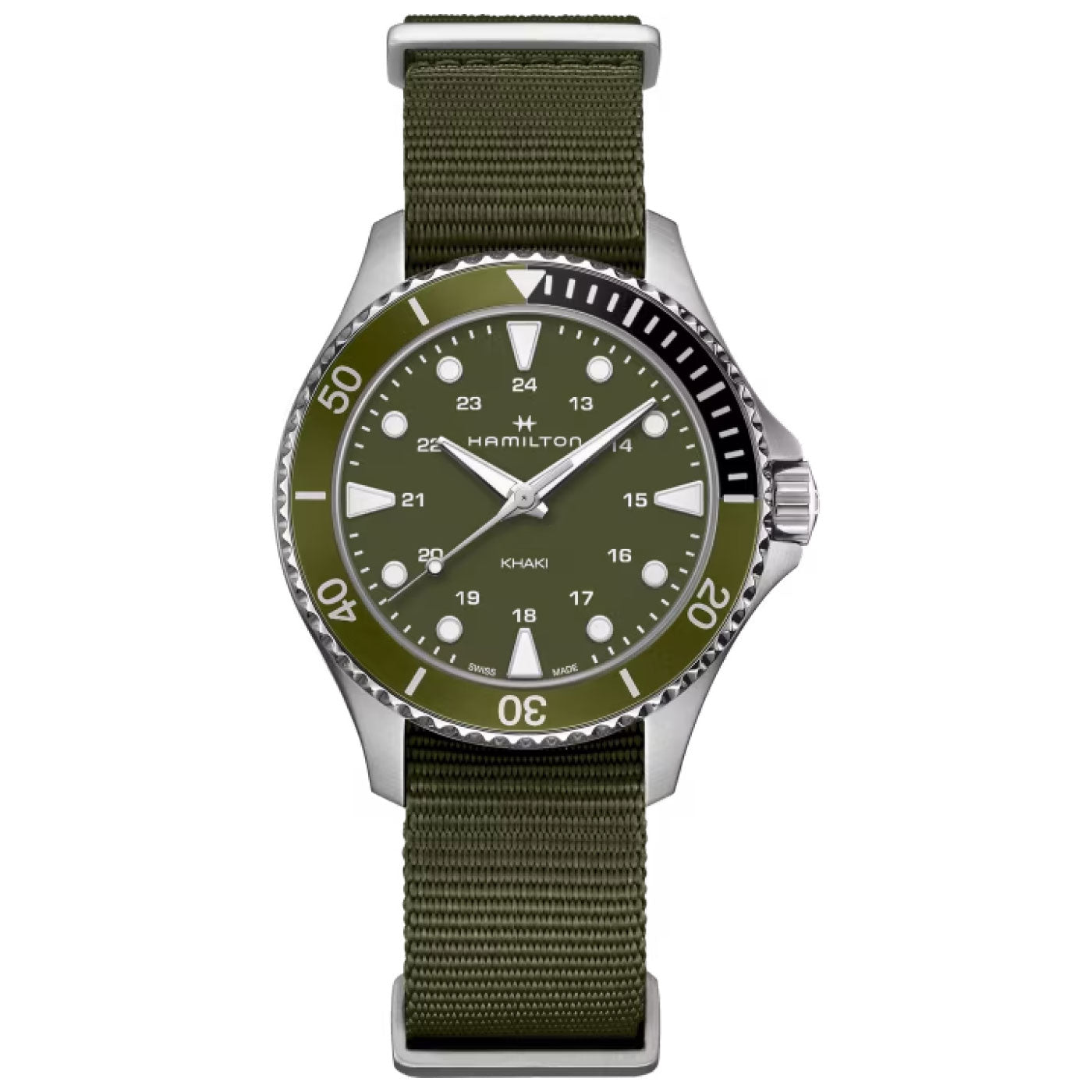 The Hamilton Khaki Navy Scuba Quartz 37mm Watch by Hamilton Watch features a durable green nylon strap. Its dial displays white numerals and markings, enhanced with a 24-hour scale, while minute intervals line the bezel. Silver-tone hour and minute hands contribute to its elegant yet rugged appearance.