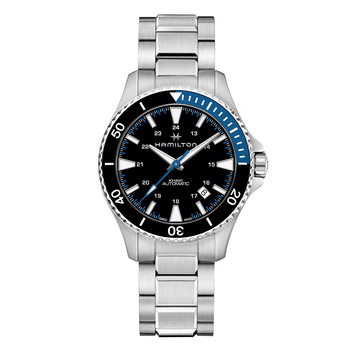 The Hamilton Khaki Navy Scuba Auto 40mm Watch by Hamilton Watch features a stylish silver stainless steel strap and a black dial highlighted with blue and white accents. It provides both 12-hour and 24-hour formats, complemented by a polished bezel marked in ten-unit increments for precision.