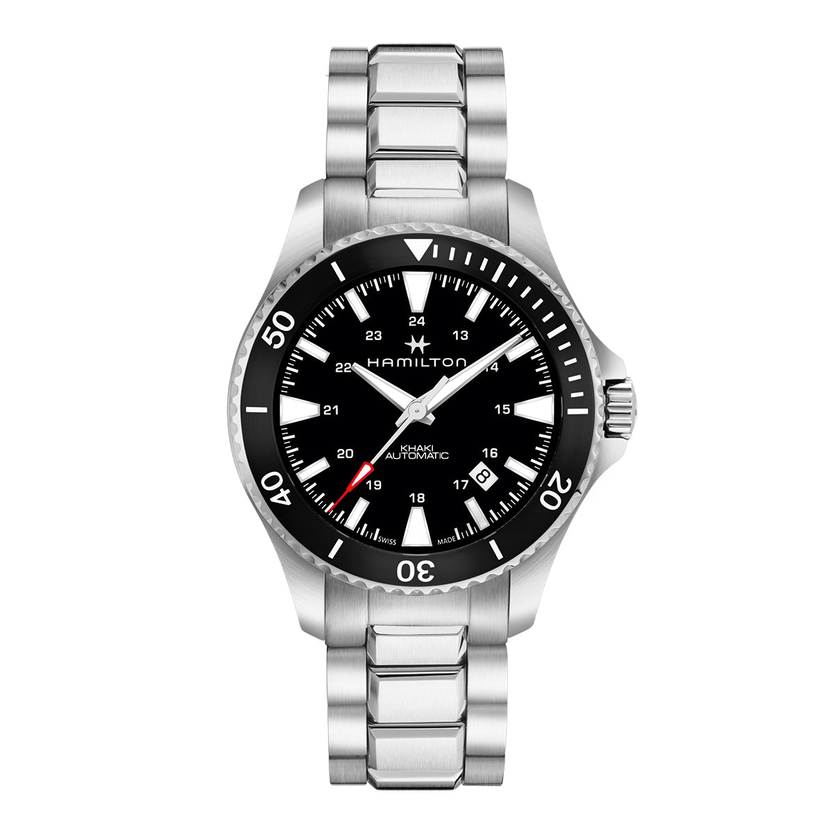 The Hamilton Khaki Navy Scuba Auto 40mm Watch by Hamilton features a black round dial with white hour markings and a date display. It has a silver stainless steel bezel with minute indicators, and the strap is linked with the brand name visible on the dial.