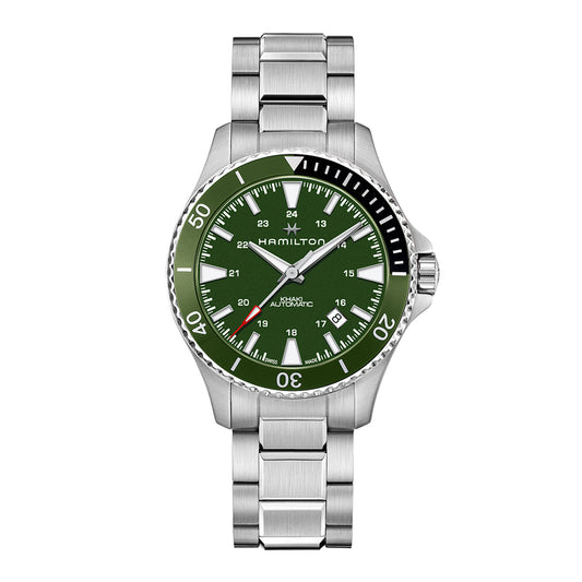 The Hamilton Khaki Navy Scuba Auto 40mm Watch by Hamilton Watch features a silver stainless steel design with a green dial and white hour markers. It has an 80-hour power reserve and Swiss-made movement, along with a date window positioned at 4 o'clock and "Hamilton" inscribed below the 12 o'clock marker. The bezel is elegantly accented with white numerals and markings.